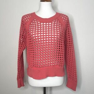 REBECCA TAYLOR Open Knit Cropped Sweater LG? Coral‎ Chunky Beach Boho Resortwear